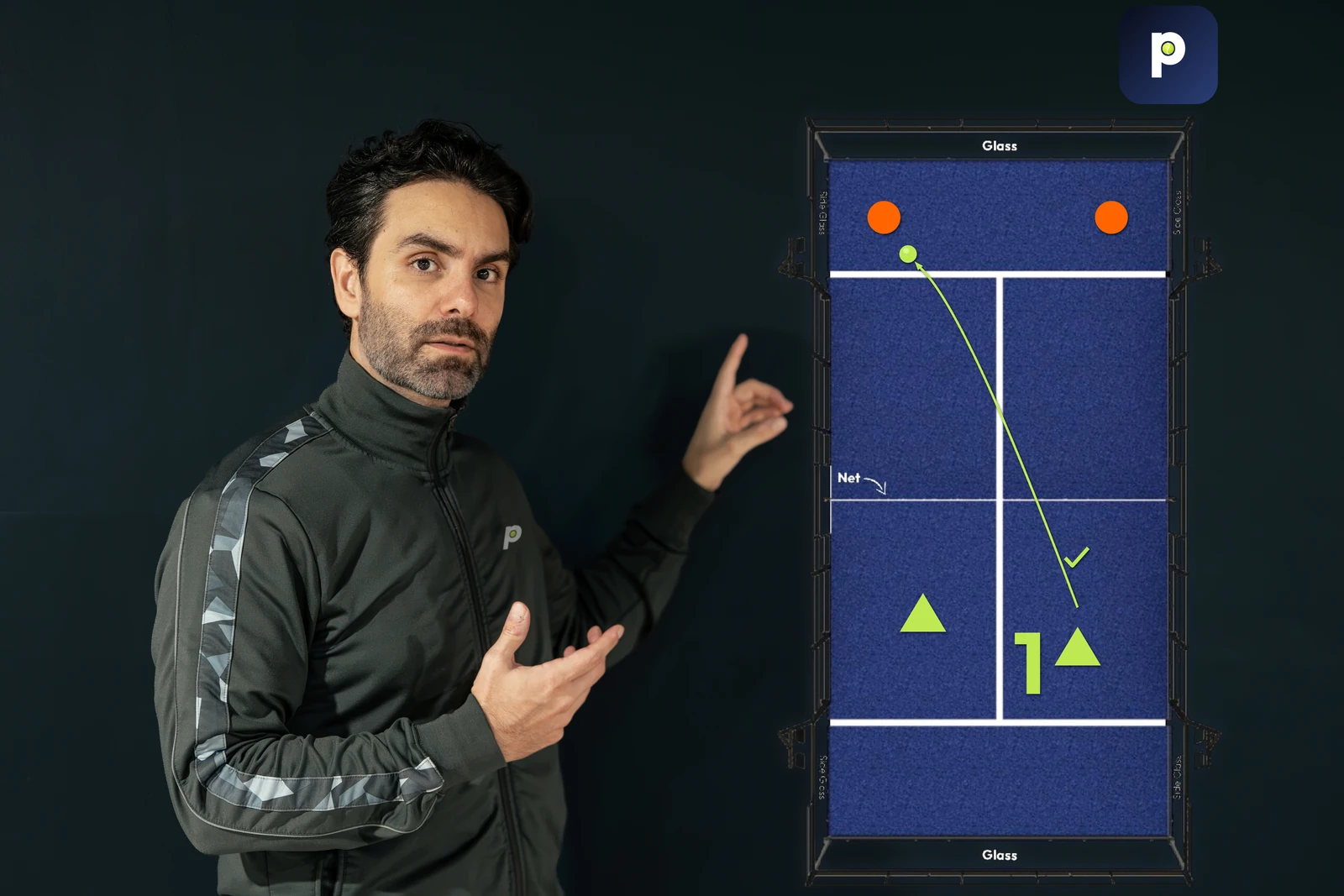 The founder pointing at a padel court diagram showing a cross court shot.