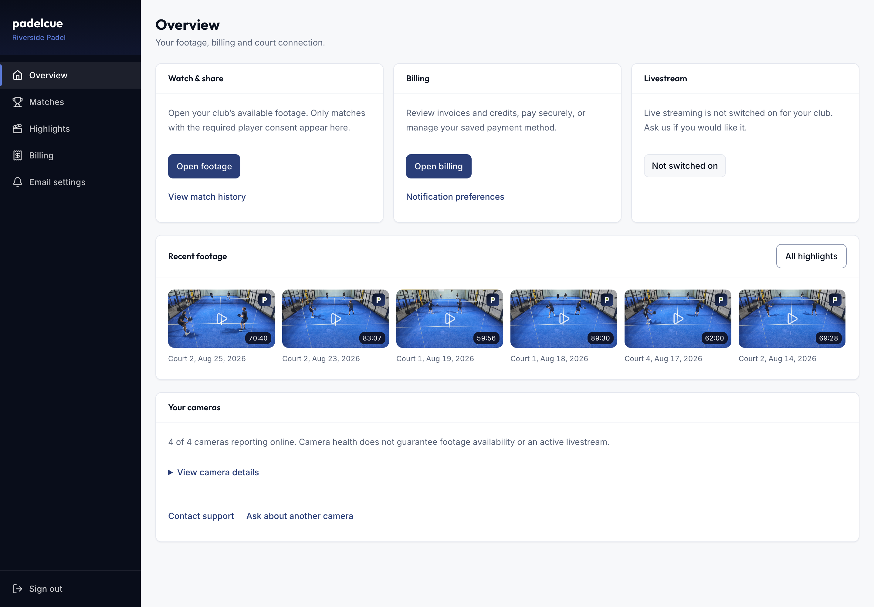 PadelCue Club Portal overview with example data, including recent match recordings and camera status