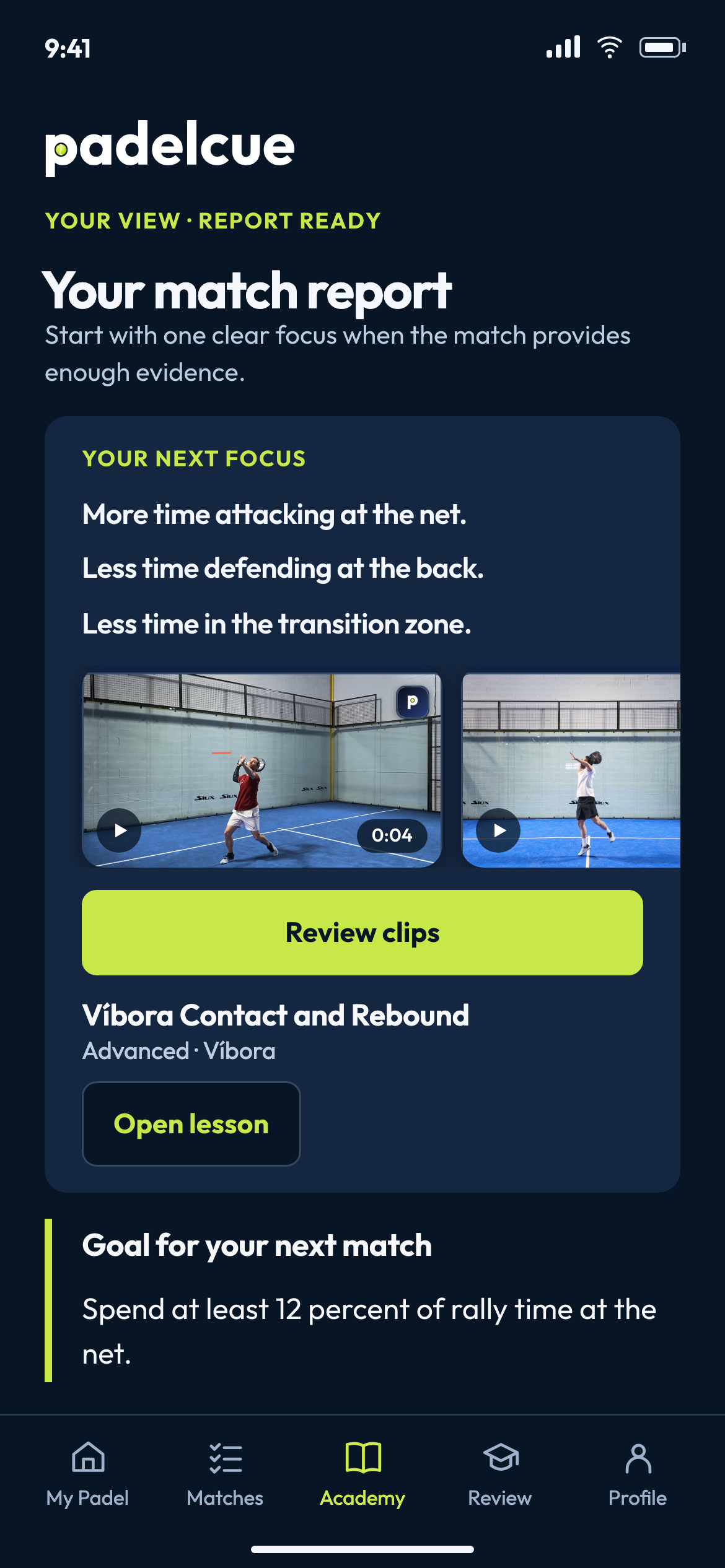 Example Academy screen with the Víbora Contact and Rebound lesson and review clips from two Víbora lessons.