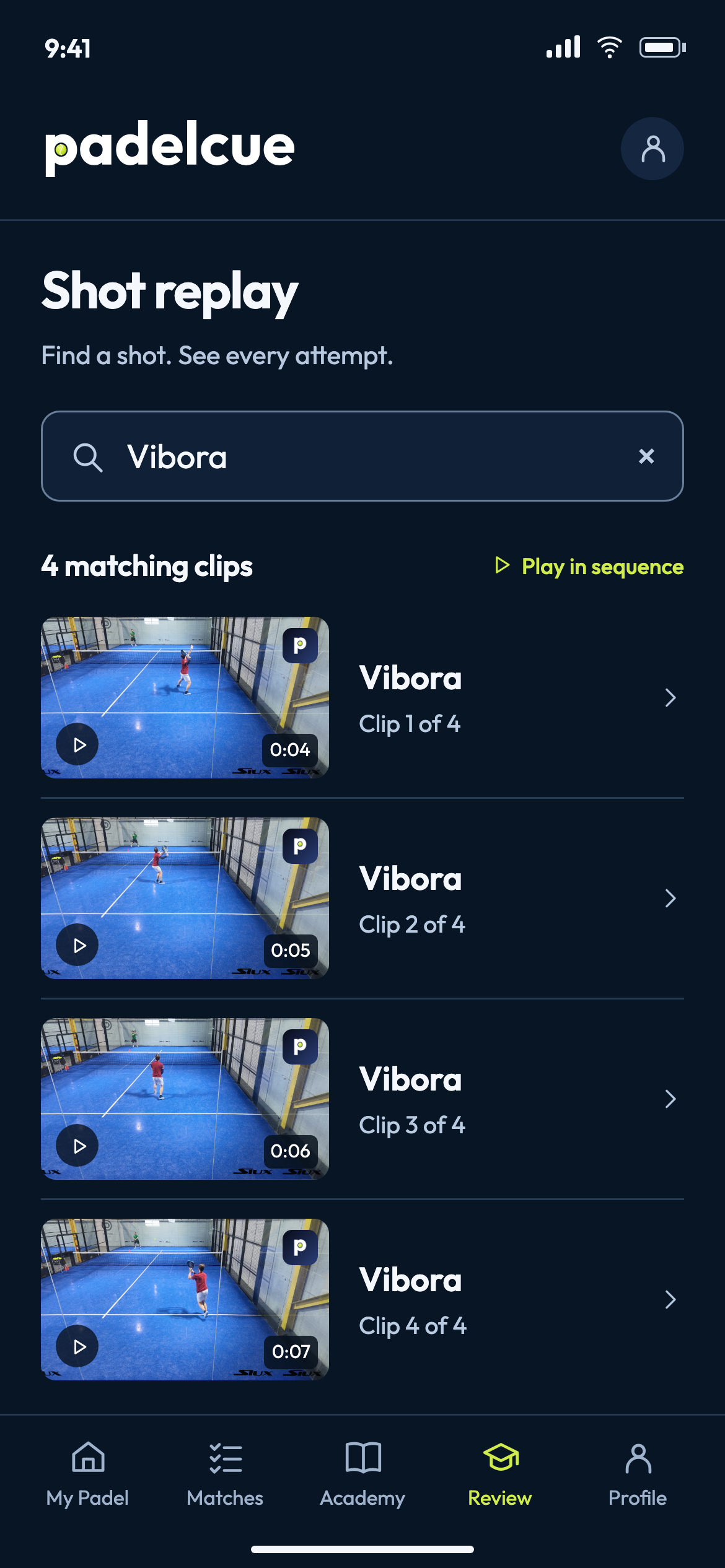 Example Review screen with a Vibora search and matching shot clips.