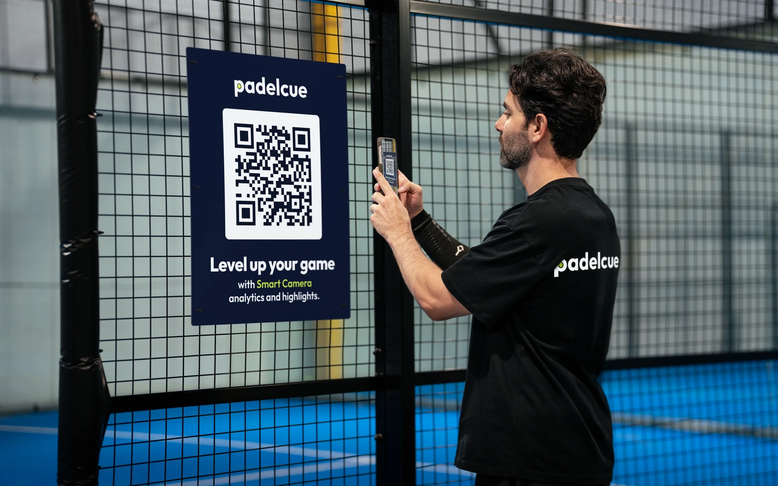 Composite image of a player scanning the PadelCue sign on the court fence with his phone.