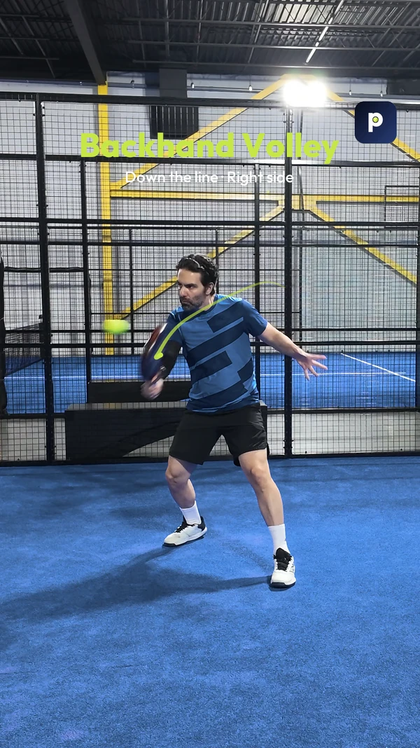 Mr Niaki in a blue patterned shirt playing a backhand volley down the line on the right side, with a lime swing path, shot title and the PadelCue badge.