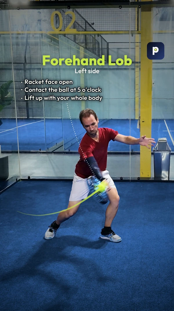 Leo in a red shirt playing a forehand lob on the left side, with coaching cues, a lime swing path, dotted ball path, shot title and the PadelCue badge.