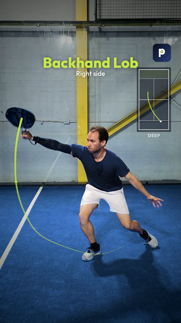 Leo in a navy shirt following through on a backhand lob on the right side, with a lime swing path, court diagram, shot title and the PadelCue badge.