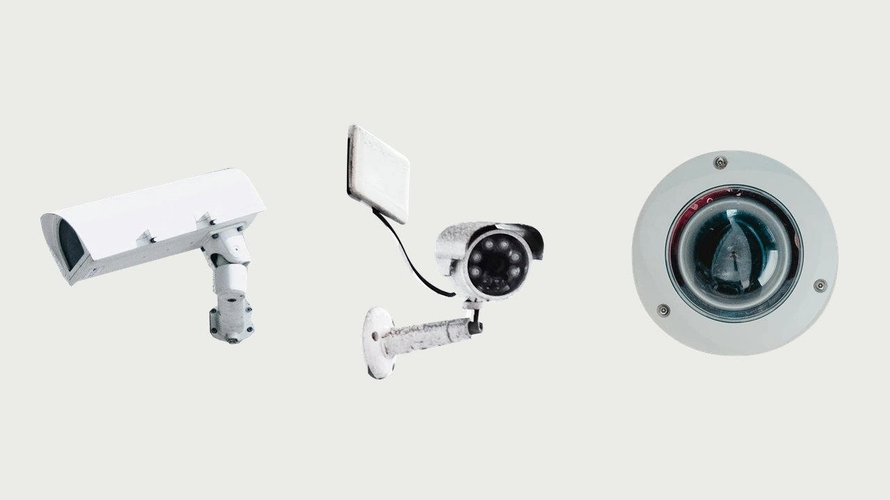Three security cameras on one neutral background: a box camera, a bullet camera and a dome camera.