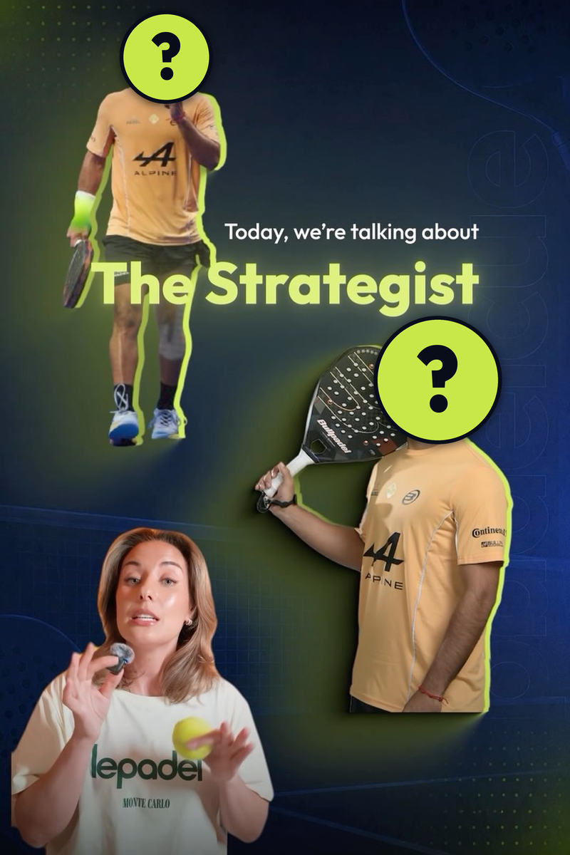 Aleks speaks into a microphone at the lower left of a PadelCue reel cover, with a mystery guest hidden twice behind lime question mark badges around The Strategist title.